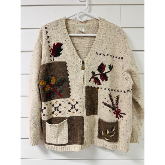 Studio Works Sweaters - Studio Works Vintage Oatmeal Speckled Fall Patchwork Zip Cardigan Sweater XL